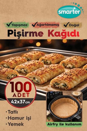 Smarter 100 Adet Ağartılmamış Hazır Kesilmiş Pişirme Kağıdı Airfryer 42x37cm Yapışmaz