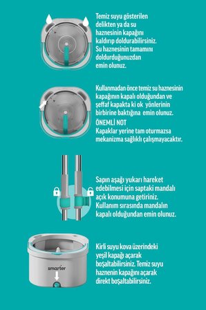 SMARTER Aqua Max 2 Adet Yedekli Çift Kova Temiz&kirli Suyu Ayırma Özelliği Otomatik Temizlik Seti