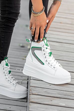 Beyaz Yeşil Kadın Yüksek Topuklu Spor Bot