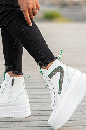 Beyaz Yeşil Kadın Yüksek Topuklu Spor Bot