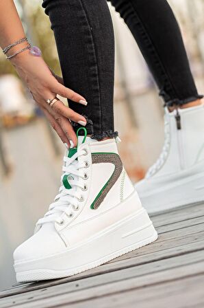 Beyaz Yeşil Kadın Yüksek Topuklu Spor Bot