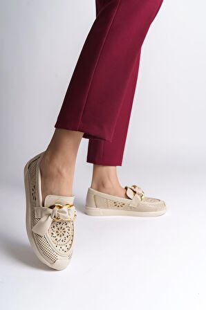 LYDIA Bağcıksız Ortopedik Rahat Taban Çiçek Desenli Babet Ayakkabı KT Krem