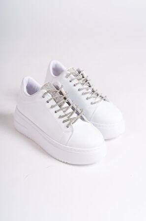 DELLA Bağcıklı Ortopedik Taban Taşlı Kadın Sneaker Ayakkabı BT Beyaz