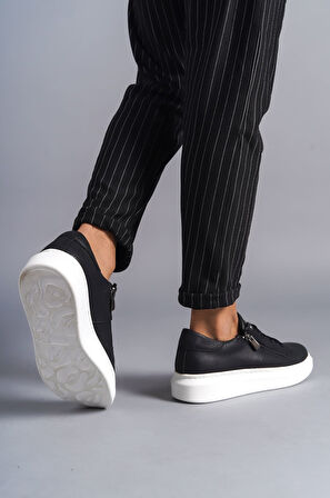 Warrior Bağcıklı ve Fermuarlı Cilt Erkek Günlük Sneaker Ayakkabı BT Siyah