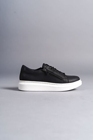 Warrior Bağcıklı ve Fermuarlı Cilt Erkek Günlük Sneaker Ayakkabı BT Siyah