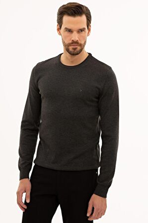 Erkek Antrasit Melanj Slim Fit Bisiklet Yaka Basic Triko Kazak