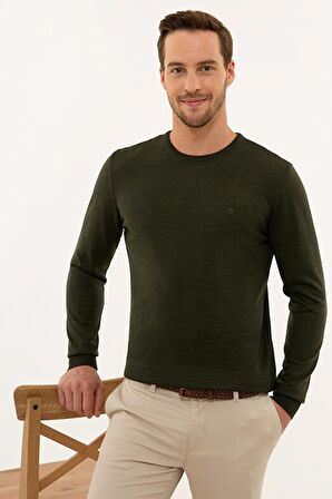 Erkek Yeşil Slim Fit Bisiklet Yaka Basic Triko Kazak
