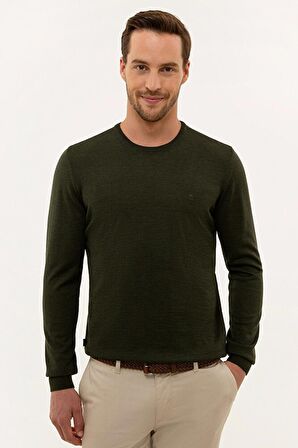 Erkek Yeşil Slim Fit Bisiklet Yaka Basic Triko Kazak