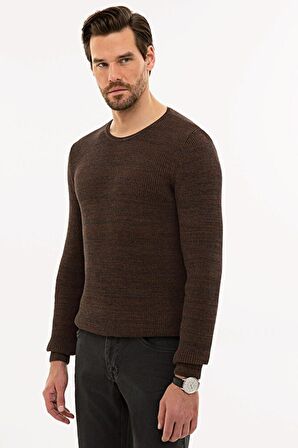 Erkek Kahverengi Slim Fit Bisiklet Yaka Triko Kazak G021SZ0TK.000.1121874
