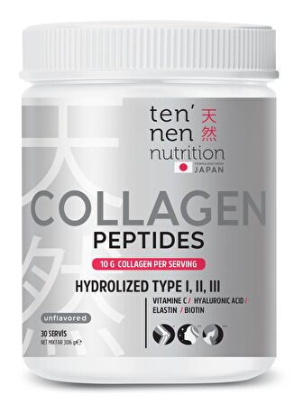 Tennen Nutrition Tip 1, Tip 2 ve Tip 3 Saf Hidrolize Kolajen, Pure Collagen Peptides, Hyaluronik Asit, Vitamin C, Biotin, Elastin (Her serviste Yüksek Kaliteli 10 gr Kollajen), 306 Gram (30 Servis)