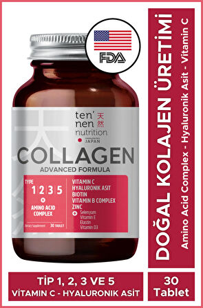 Tennen Nutrition Tip 1-2-3-5 Kolajen Tablet, C Vitamini, Hyaluronic Acid, Elastin, Biotin, Selenyum, Folik Asit, Vitamin E, Vitamin D, Vitamin B Complex, Advanced Amino Acid Collagen Complex içerir