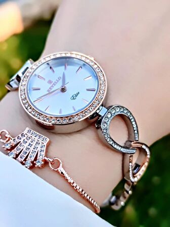 Revello Özel Bronz Kaplama Elite Modeli Swarovski Taşlı 30 Mt Su Geçirmez+Bileklik Lady Wristwatch RES.170041-A