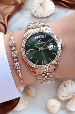 Yeni Model Jübile Bilezikli Takvimli Rose Gold Yeşil Kadran Kadın Kol Saati, Taşlı Bileklik Hediyeli