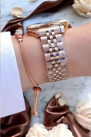 Yeni Model Jübile Bilezikli Takvimli Rose Gold Yeşil Kadran Kadın Kol Saati, Taşlı Bileklik Hediyeli