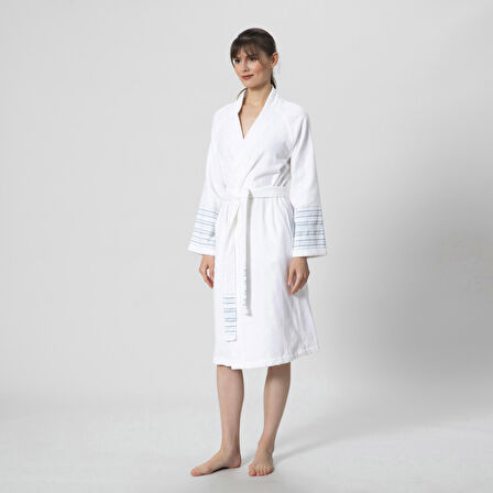 Derin Unisex Bornoz Beyaz/Açık Aqua