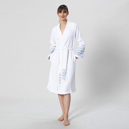 Derin Unisex Bornoz Beyaz/Marin Mavi