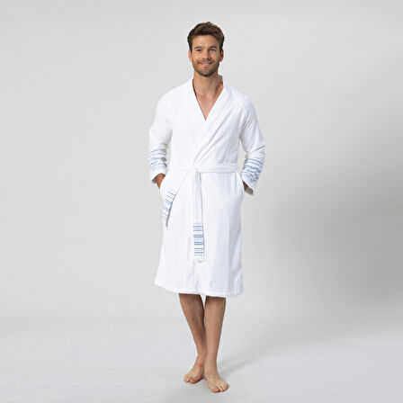 Derin Unisex Bornoz Beyaz/Marin Mavi