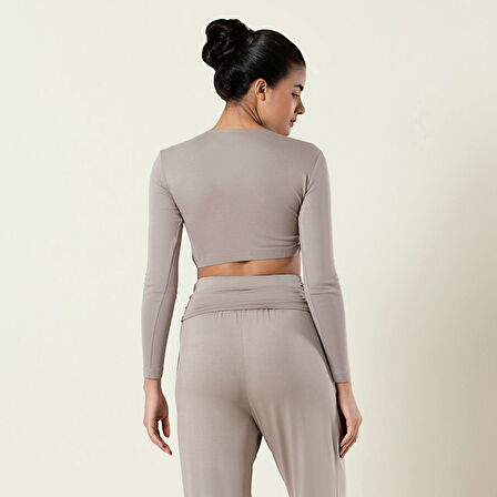 Uzun Kollu Kısa T-shirt Vizon