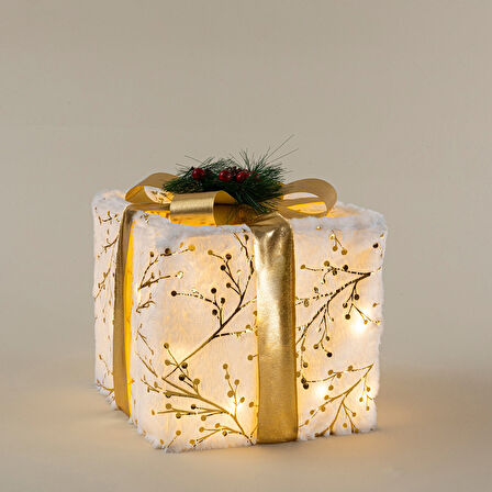 Gifty Ledli Yılbaşı Hediye Kutusu Dekor 25 Cm Beyaz