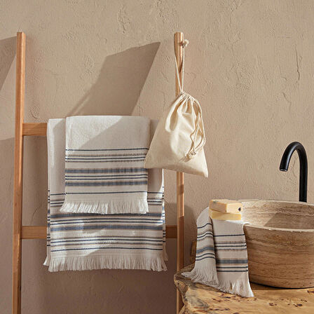 Derin Banyo Havlusu 100x150cm Ekru/Marin Mavi