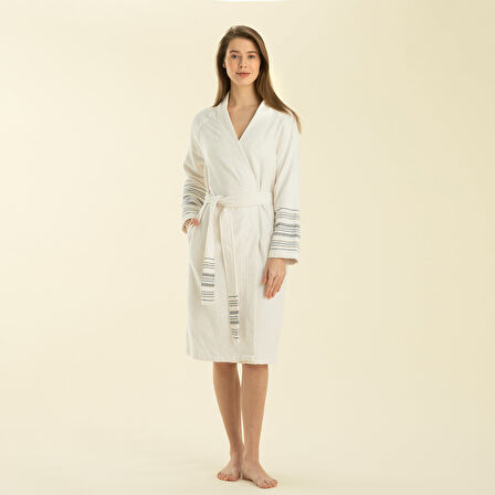 Derin Unisex Bornoz Ekru/Marin Mavi