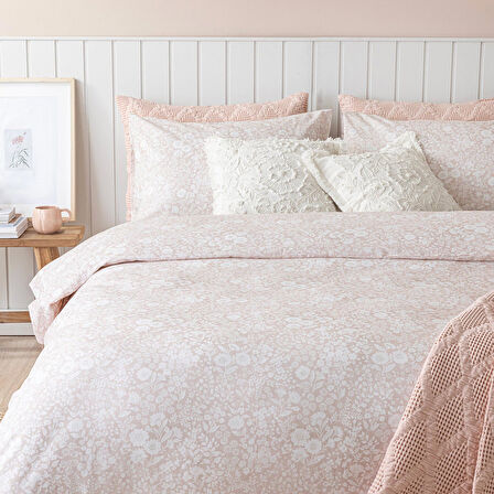 Dahlıa Baskılı Nevresim Seti E.King Pudra/Ekru