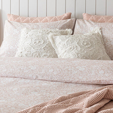 Dahlıa Baskılı Nevresim Seti E.King Pudra/Ekru