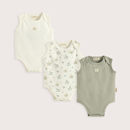 Cute Cırcus 3'Lü Kolsuz Body Set Ekru/Yeşil