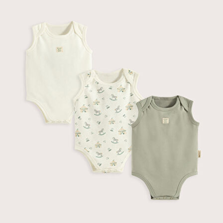 Cute Cırcus 3'Lü Kolsuz Body Set Ekru/Yeşil