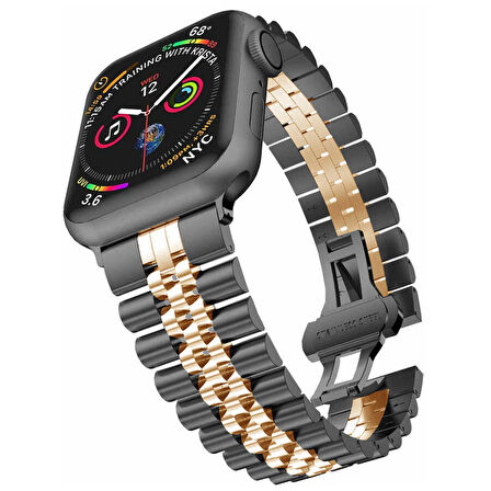 Watch Ultra 49mm Kordon Uyumlu KRD-36 Metal Strap Kayış CLO- Siyah-Rose Gold