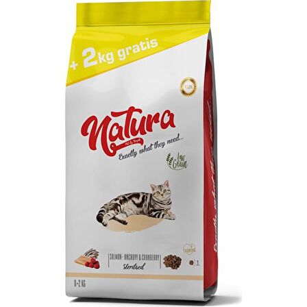 Natura Sterilised Somonlu Hamsili ve Üzümlü Düşük Tahıllı Kısırlaştırılmış Yetişkin Kedi Maması 8+2 KG