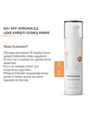 Sante Plus Leke Karşıtı Yağsız Güneş Kremi SPF 50+ 50 Ml