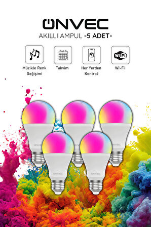 Onvec Wifi+Bluetooth Destekli 9W Rgb 5 Adet Akıllı Ampul Tuya