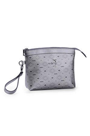 Kadın Basic Clutch Çanta Monogram Desenli Logolu Gümüş Siyah (4010G) 214009