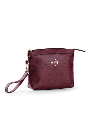 Kadın Basic Clutch Çanta Monogram Desenli Logolu Bordo Siyah (4010B) 214009