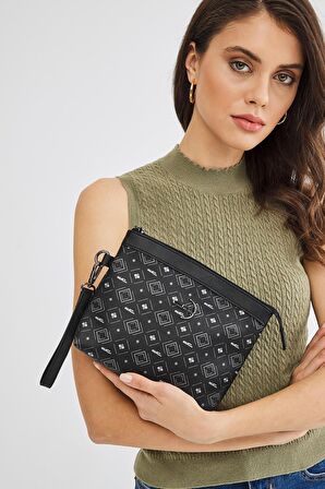 Kadın Basic Clutch Çanta Monogram Desenli Logolu Siyah Gri (4010SG) 214009