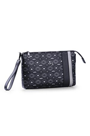 Kadın Basic Clutch Çanta Monogram Desenli Şeritli Siyah Gri (4006SG) 214012