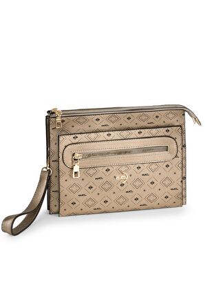 Kadın Basic Clutch Çanta Monogram Desen Altın Siyah (4034A) 214031