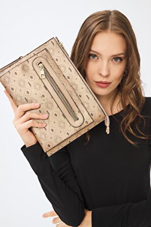 Kadın Basic Clutch Çanta Monogram Desen Altın Siyah (4034A) 214031