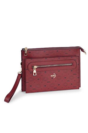 Kadın Basic Clutch Çanta Monogram Desen Bordo Siyah (4034B) 214031