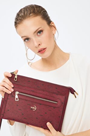 Kadın Basic Clutch Çanta Monogram Desen Bordo Siyah (4034B) 214031