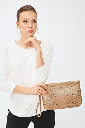 Kadın Basic Clutch Çanta Monogram Desenli Şeritli Logolu Altın 214002
