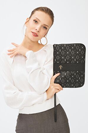 Kadın Basic Clutch Çanta Monogram Desenli Şeritli Logolu Siyah Gri 214002