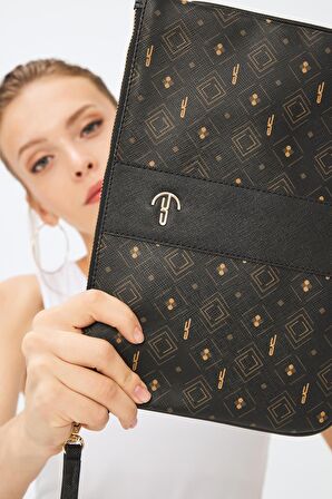 Kadın Basic Clutch Çanta Monogram Desenli Şeritli Logolu Siyah Taba 214002
