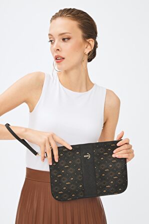 Kadın Basic Clutch Çanta Monogram Desenli Şeritli Logolu Siyah Taba 214002