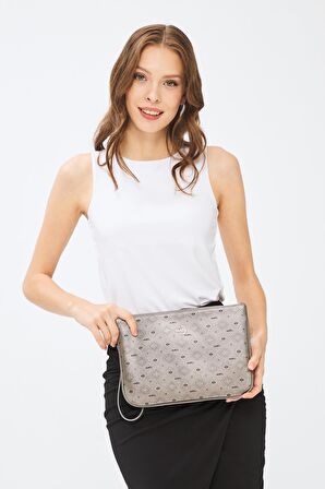 Kadın Basic Clutch Çanta Monogram Desenli Gümüş 214002