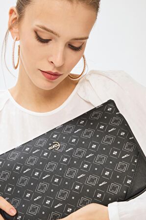 Kadın Basic Clutch Çanta Monogram Desenli Siyah Gri 214002