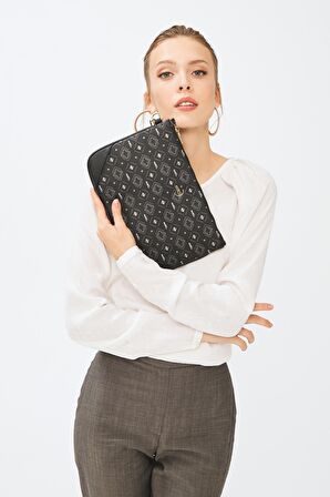 Kadın Basic Clutch Çanta Monogram Desenli Siyah Gri 214002