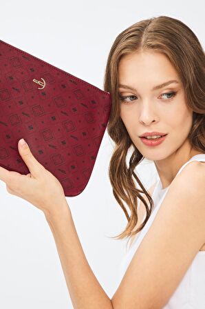 Kadın Basic Clutch Çanta Monogram Desenli Bordo 214002