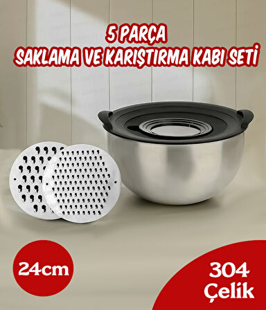 Çelik 5 Parça Rendeli Saklama Ve Karıştırma Kabı Seti